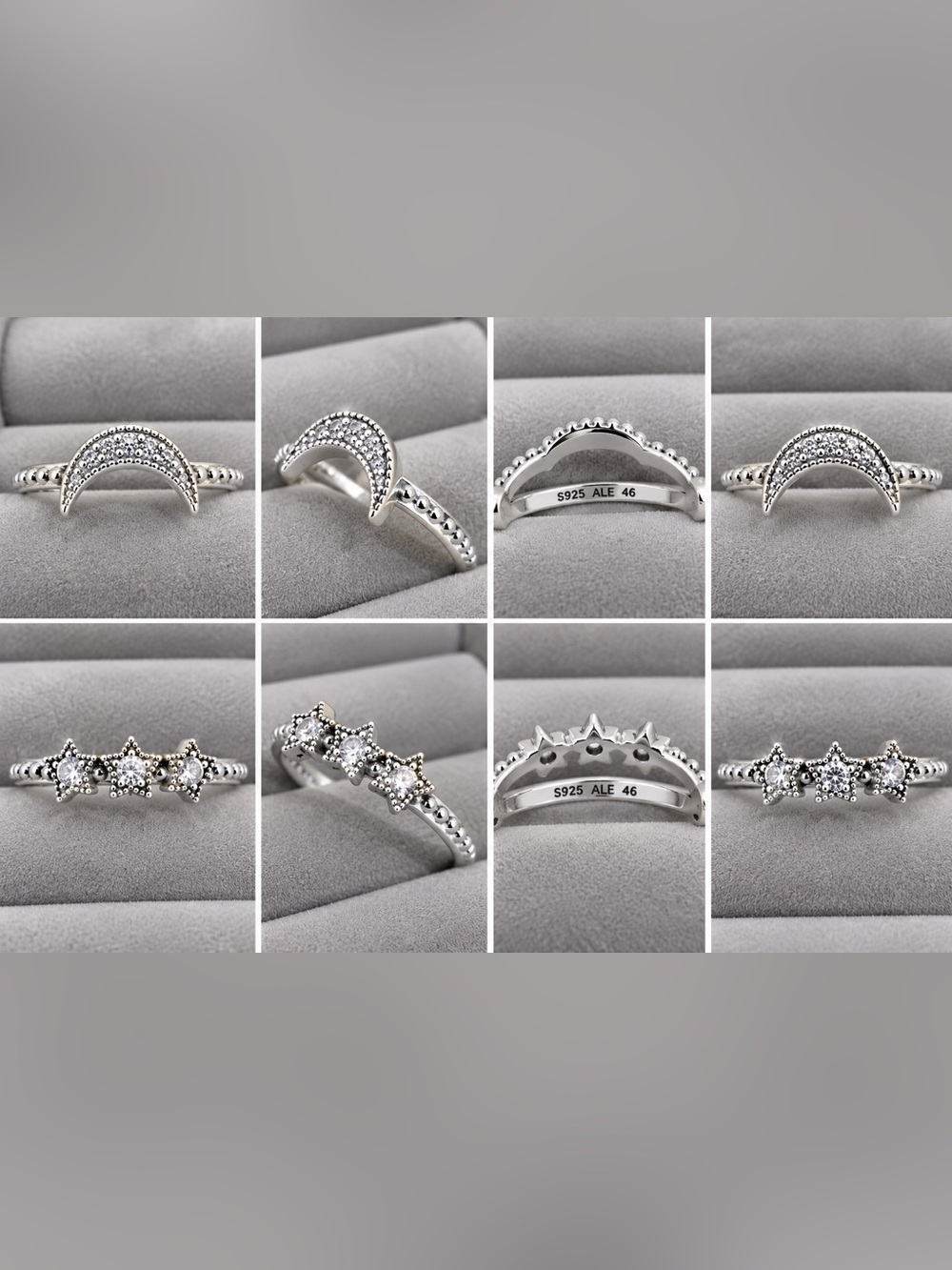 Pandora Silver Crescent Moon & Star Midi Ring Set size 3.75. Set of 2